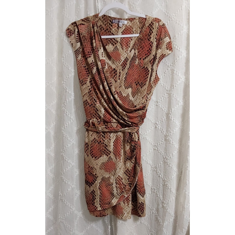 Jennifer Lopez Womens Large Tan Snake Print Faux Wrap Belted Sheath Dress